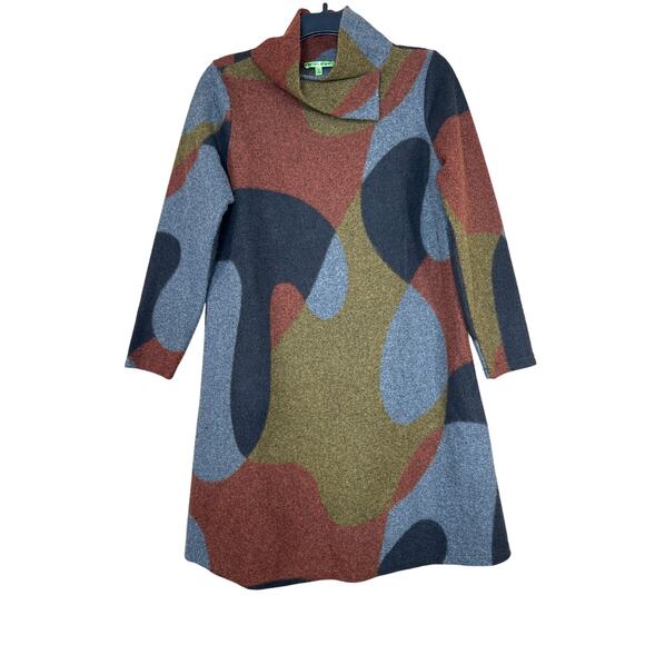 Trisha Tyler Small Fleece Geometric Winter Dress Split Turtleneck Knee Length - Picture 1 of 8